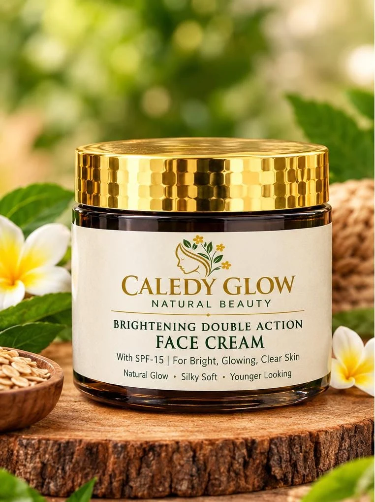 Caledy Glow face cream with fresh flowers and leaves