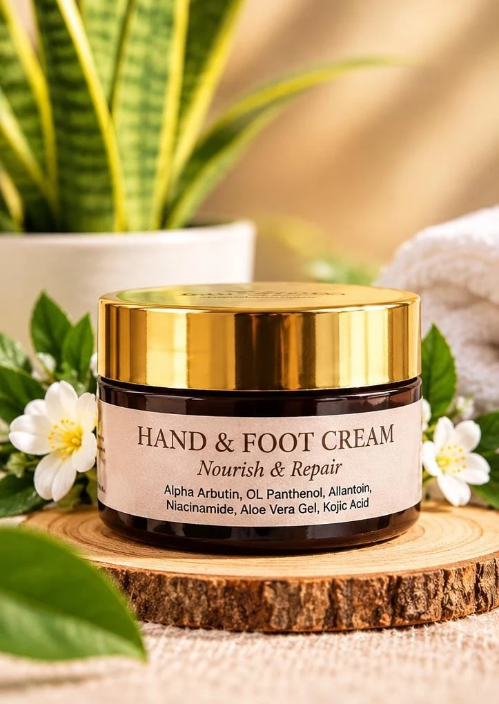Hand and foot cream surrounded by leaves and flowers